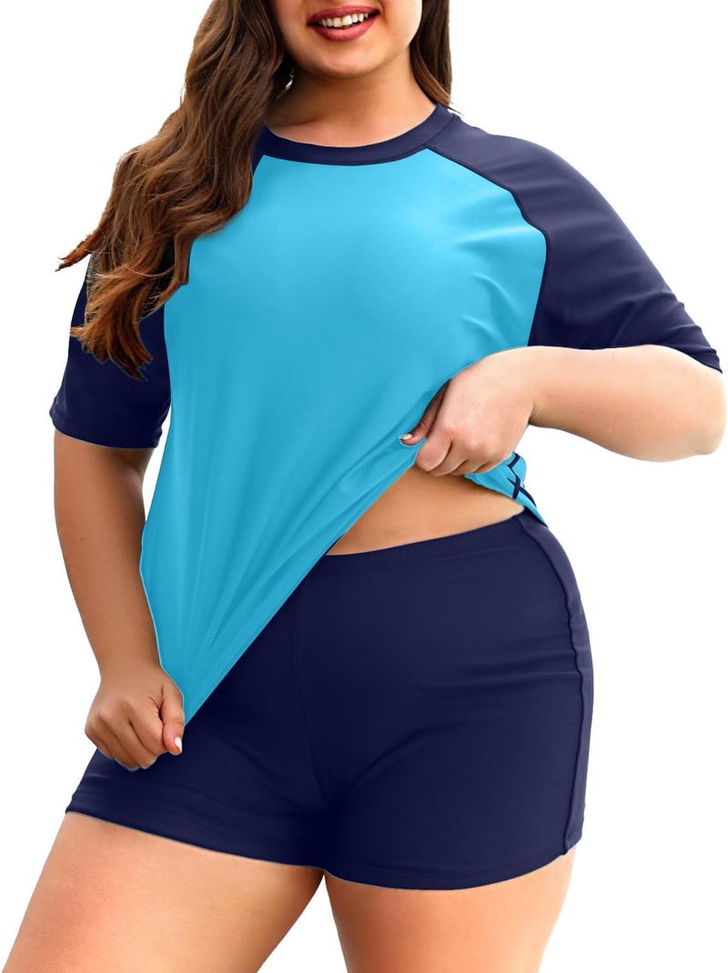 Holipick Two Piece Women Plus Size Rash Guard Short Sleeve Swim Shirts and Shorts UPF 50+ Rashguard Swimsuit - Image 1